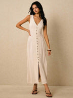 Poéselle Women's Dresses Linen Dresses Tie Back Waist Button Placket Striped Dress Vest Dress Boho Holiday Women's Sleeveless Striped Dress Casual Vacation Y2k Clothes Country Concert Outfit Old Money Streetwear Going Out Outfits Vintage