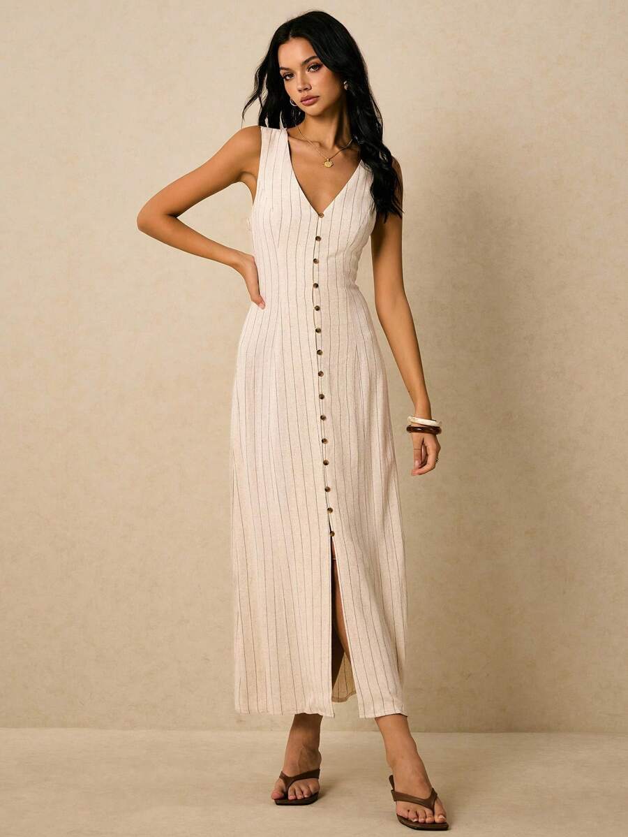 Poéselle Women's Dresses Linen Dresses Tie Back Waist Button Placket Striped Dress Vest Dress Boho Holiday Women's Sleeveless Striped Dress Casual Vacation Y2k Clothes Country Concert Outfit Old Money Streetwear Going Out Outfits Vintage