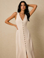 Poéselle Women's Dresses Linen Dresses Tie Back Waist Button Placket Striped Dress Vest Dress Boho Holiday Women's Sleeveless Striped Dress Casual Vacation Y2k Clothes Country Concert Outfit Old Money Streetwear Going Out Outfits Vintage