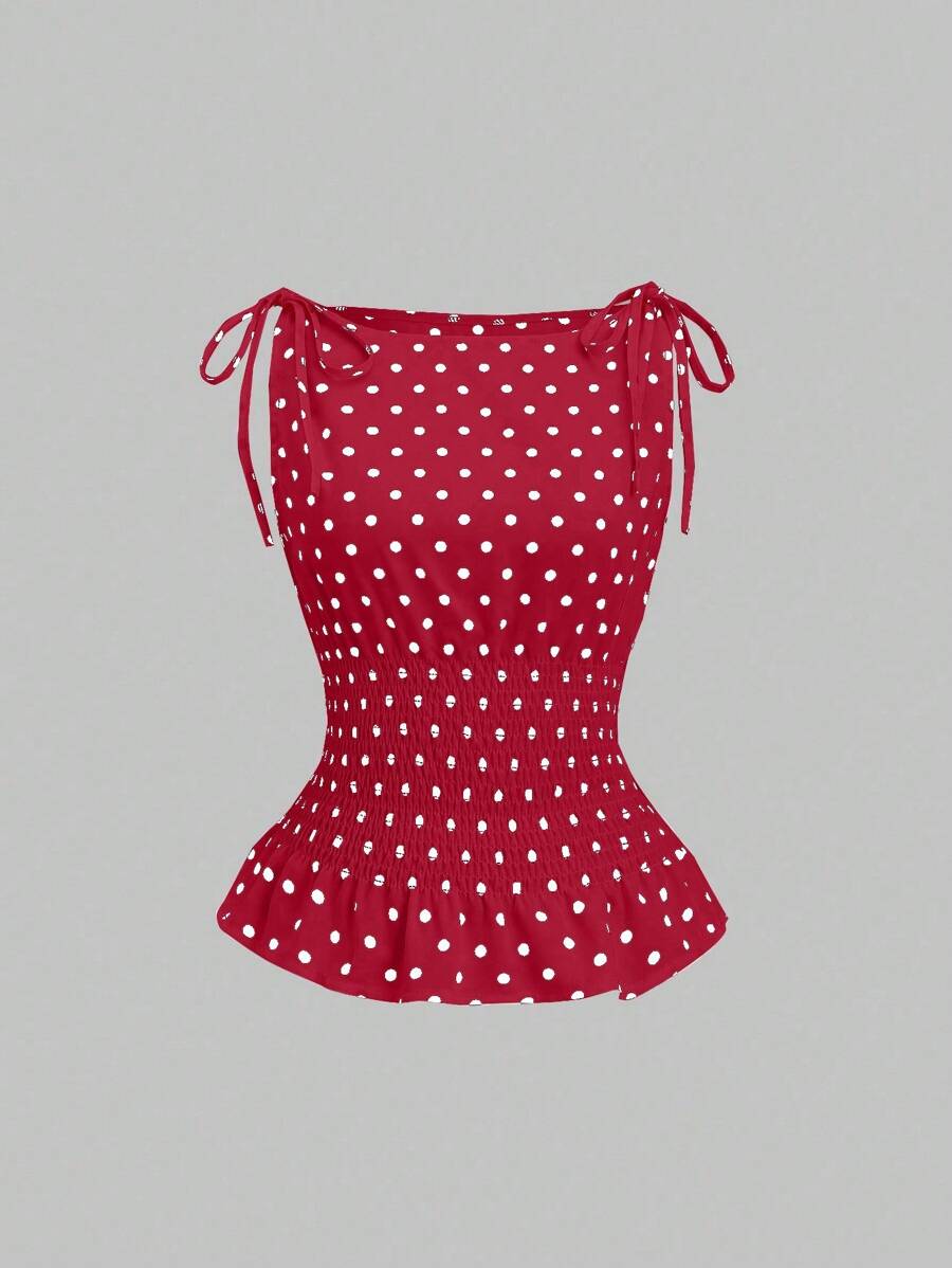 Sweetra Women's Elegant French Style Polka Dot Bow Shoulder Tie Waist Slim Fit Casual Versatile Tank Top, Spring/Summer
