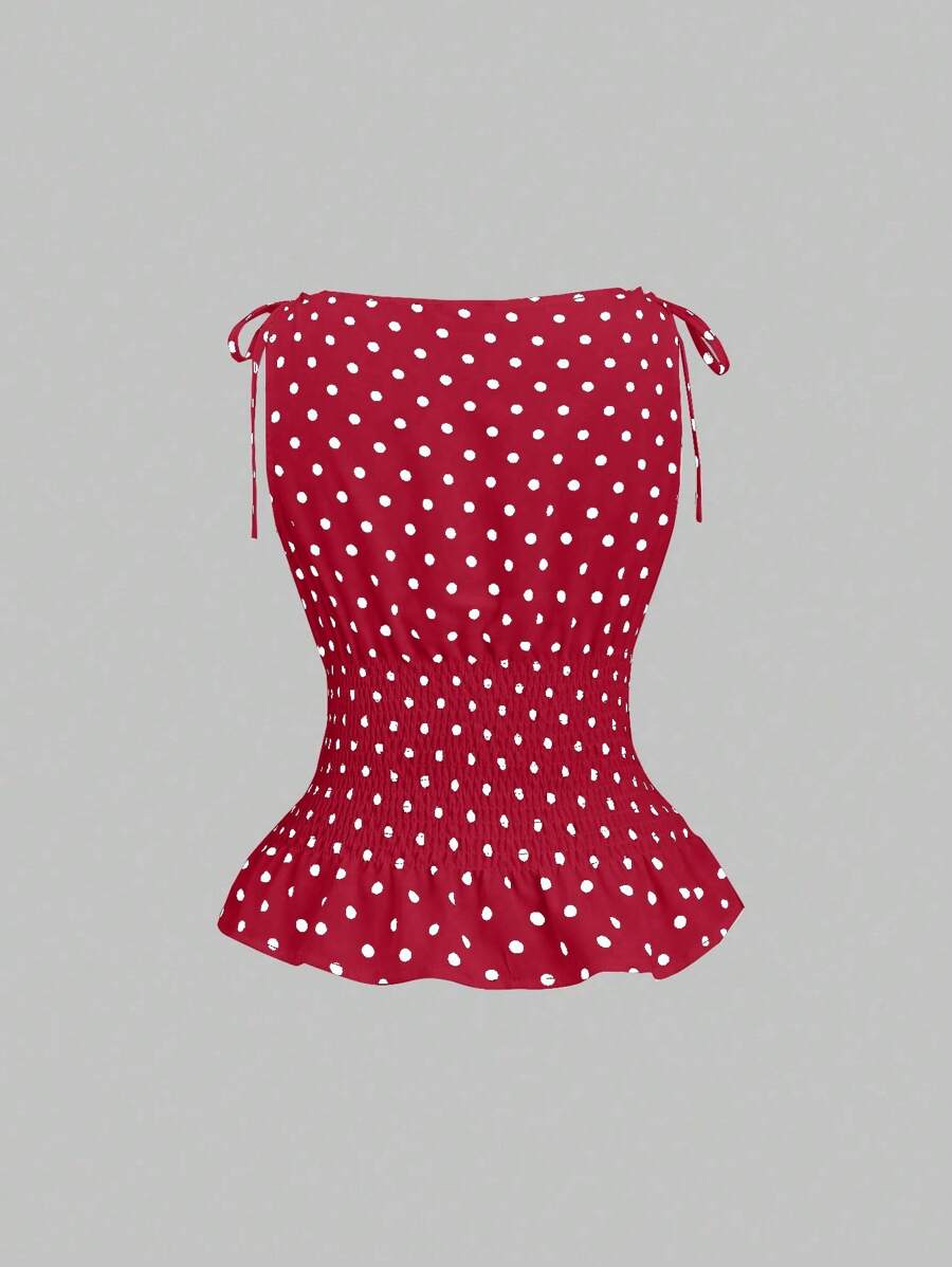 Sweetra Women's Elegant French Style Polka Dot Bow Shoulder Tie Waist Slim Fit Casual Versatile Tank Top, Spring/Summer