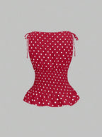 Sweetra Women's Elegant French Style Polka Dot Bow Shoulder Tie Waist Slim Fit Casual Versatile Tank Top, Spring/Summer