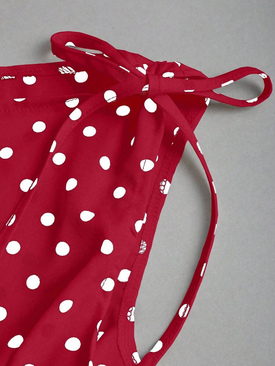 Sweetra Women's Elegant French Style Polka Dot Bow Shoulder Tie Waist Slim Fit Casual Versatile Tank Top, Spring/Summer