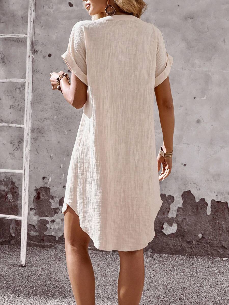 EMERY ROSE Solid Notched Button Front Batwing Sleeve Shirt Dress,Summer Dresses For Women