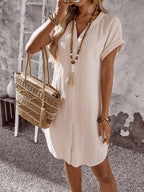 EMERY ROSE Solid Notched Button Front Batwing Sleeve Shirt Dress,Summer Dresses For Women