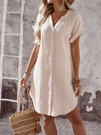 EMERY ROSE Solid Notched Button Front Batwing Sleeve Shirt Dress,Summer Dresses For Women