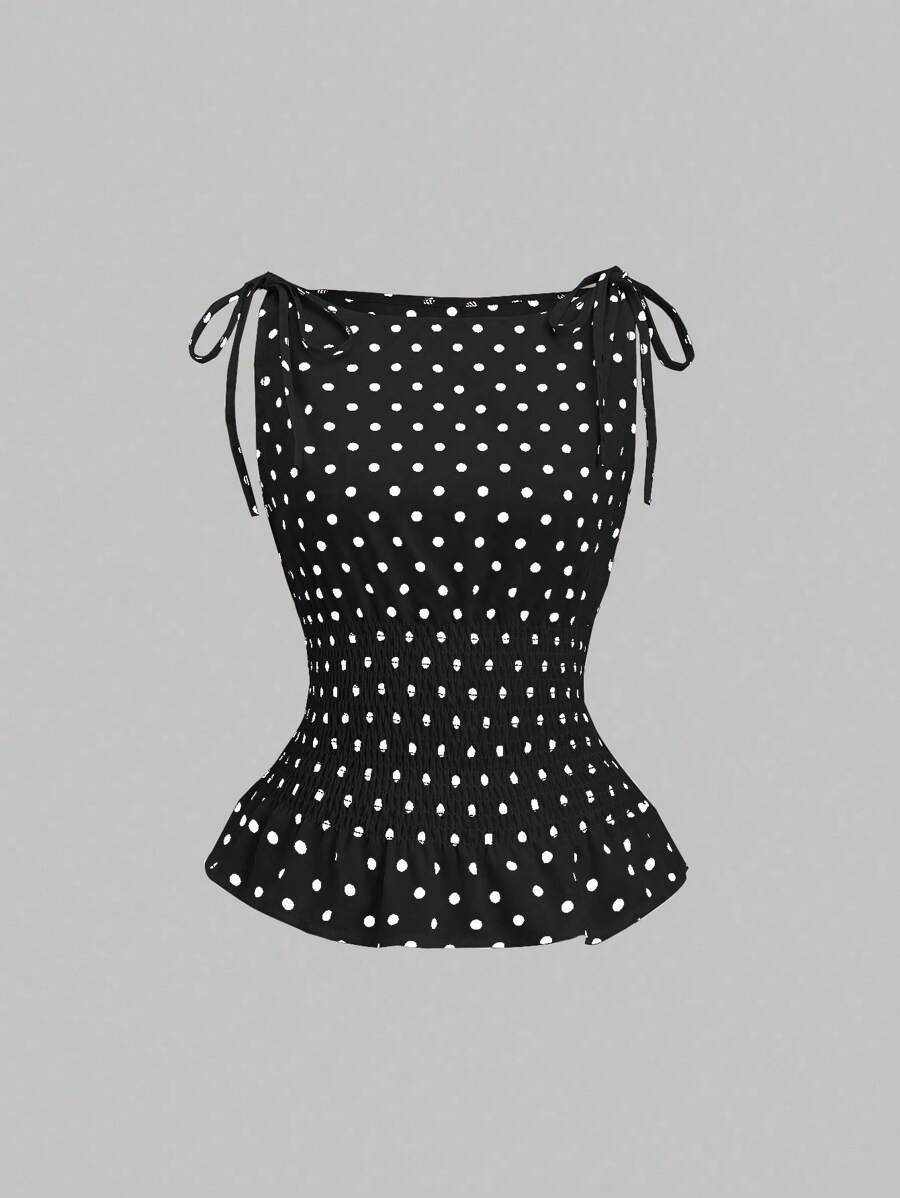 Sweetra Women's Elegant French Style Polka Dot Bow Shoulder Tie Waist Slim Fit Casual Versatile Tank Top, Spring/Summer