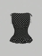 Sweetra Women's Elegant French Style Polka Dot Bow Shoulder Tie Waist Slim Fit Casual Versatile Tank Top, Spring/Summer