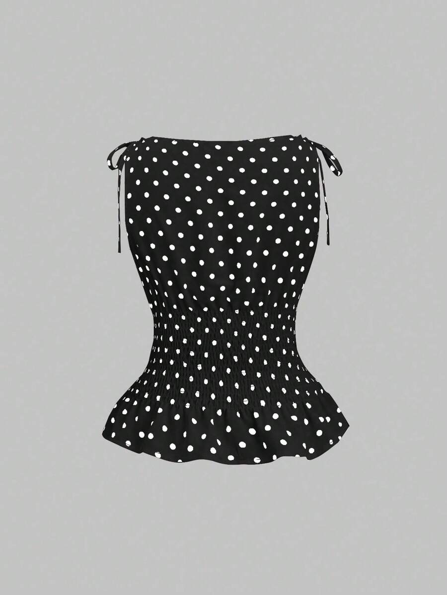 Sweetra Women's Elegant French Style Polka Dot Bow Shoulder Tie Waist Slim Fit Casual Versatile Tank Top, Spring/Summer