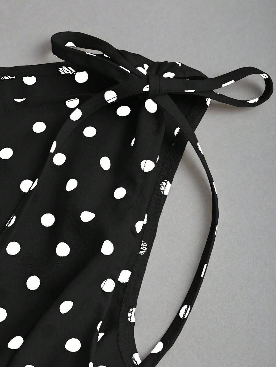Sweetra Women's Elegant French Style Polka Dot Bow Shoulder Tie Waist Slim Fit Casual Versatile Tank Top, Spring/Summer