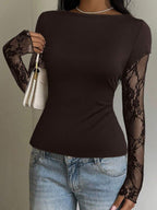 CovetEZ 95% Cotton Women's Black Lace Patchwork Long Sleeve Knitted Top – Bohemian Casual Summer Western Festival Island Girl Vintage Seaside Vacation Romantic Vacay Vibes Spring Break Cute Home Soft Girl Clean Girl Vacation Beach Cruise Boho Music Festival Concert Wedding Guest City Trip Holiday Wear Elegant Spring Summer