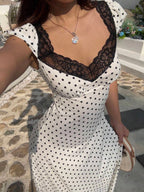 SHEIN Unity Black & White Polka Dot Print Patchwork Lace Trim Heart Collar Puffy Short Sleeve High Waist A-Line Midi Dress, Minimalist Chic, Sweet & Elegant, Suitable For Daily, Travel, Spring/Summer, Women
