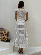 SHEIN Unity Black & White Polka Dot Print Patchwork Lace Trim Heart Collar Puffy Short Sleeve High Waist A-Line Midi Dress, Minimalist Chic, Sweet & Elegant, Suitable For Daily, Travel, Spring/Summer, Women