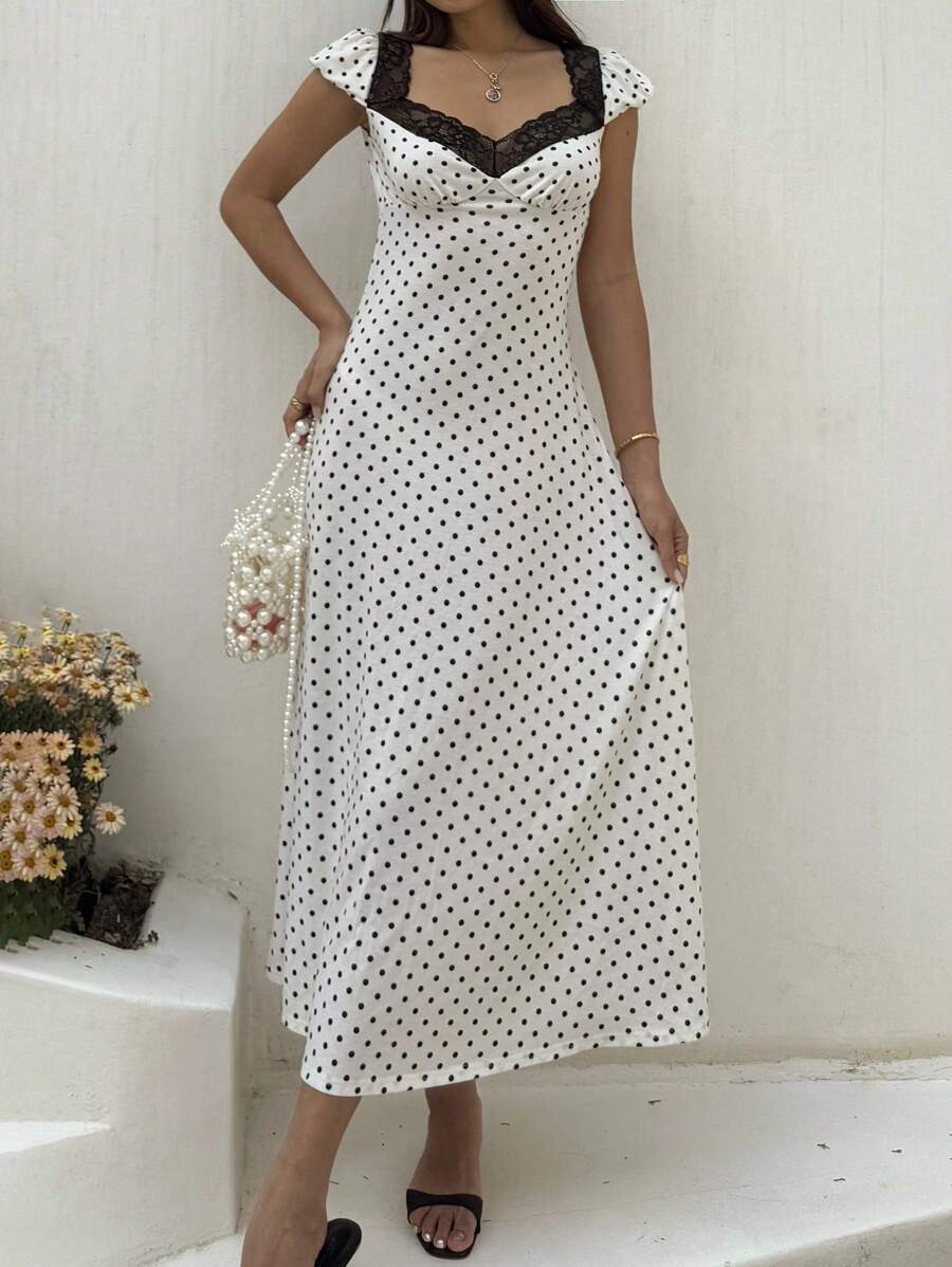 SHEIN Unity Black & White Polka Dot Print Patchwork Lace Trim Heart Collar Puffy Short Sleeve High Waist A-Line Midi Dress, Minimalist Chic, Sweet & Elegant, Suitable For Daily, Travel, Spring/Summer, Women