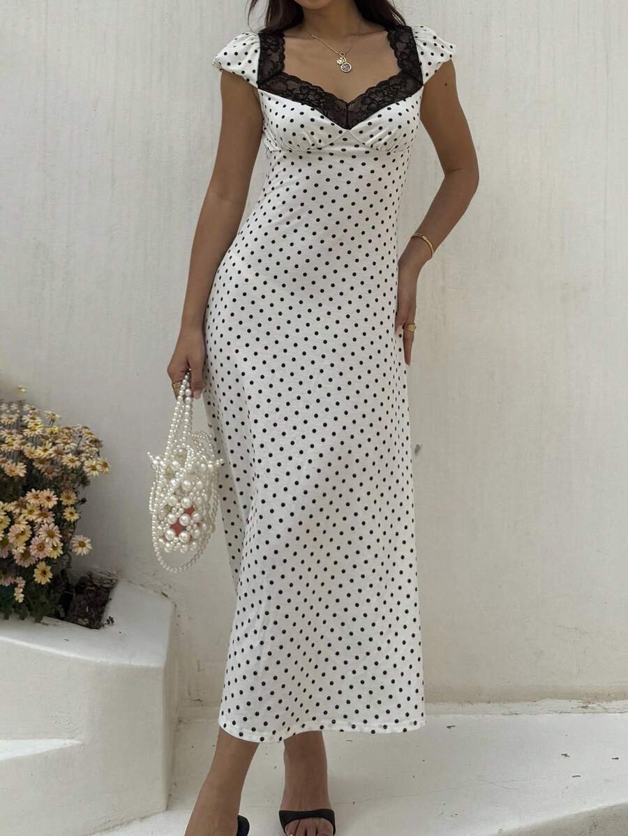 SHEIN Unity Black & White Polka Dot Print Patchwork Lace Trim Heart Collar Puffy Short Sleeve High Waist A-Line Midi Dress, Minimalist Chic, Sweet & Elegant, Suitable For Daily, Travel, Spring/Summer, Women