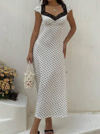 SHEIN Unity Black & White Polka Dot Print Patchwork Lace Trim Heart Collar Puffy Short Sleeve High Waist A-Line Midi Dress, Minimalist Chic, Sweet & Elegant, Suitable For Daily, Travel, Spring/Summer, Women