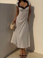 SHEIN Unity Black & White Polka Dot Print Patchwork Lace Trim Heart Collar Puffy Short Sleeve High Waist A-Line Midi Dress, Minimalist Chic, Sweet & Elegant, Suitable For Daily, Travel, Spring/Summer, Women