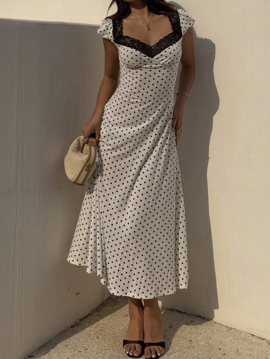 SHEIN Unity Black & White Polka Dot Print Patchwork Lace Trim Heart Collar Puffy Short Sleeve High Waist A-Line Midi Dress, Minimalist Chic, Sweet & Elegant, Suitable For Daily, Travel, Spring/Summer, Women