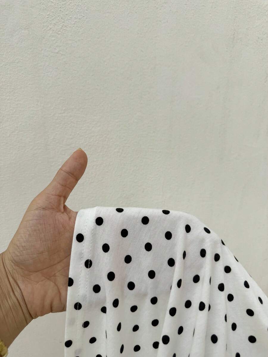 SHEIN Unity Black & White Polka Dot Print Patchwork Lace Trim Heart Collar Puffy Short Sleeve High Waist A-Line Midi Dress, Minimalist Chic, Sweet & Elegant, Suitable For Daily, Travel, Spring/Summer, Women