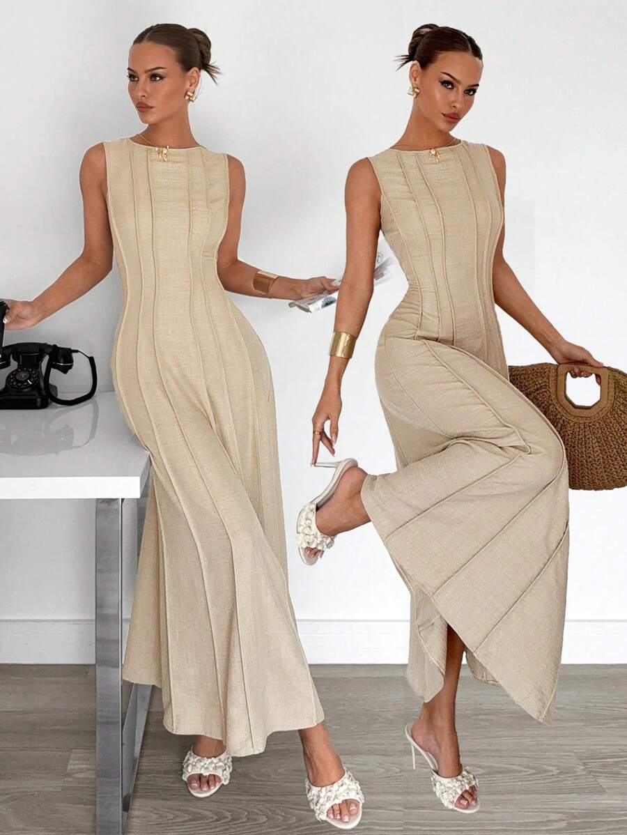Siren Gaze New  Linen Long Dress For Women, Split Pleated Waist A-Line Dress, Elegant Long Dress, Sun Dresses For Women Holiday Wear, Imitation Linen Flowing Long Dress, Business Casual Women's Wear,Fall Women Clothes Party Summer