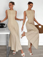 Siren Gaze New  Linen Long Dress For Women, Split Pleated Waist A-Line Dress, Elegant Long Dress, Sun Dresses For Women Holiday Wear, Imitation Linen Flowing Long Dress, Business Casual Women's Wear,Fall Women Clothes Party Summer