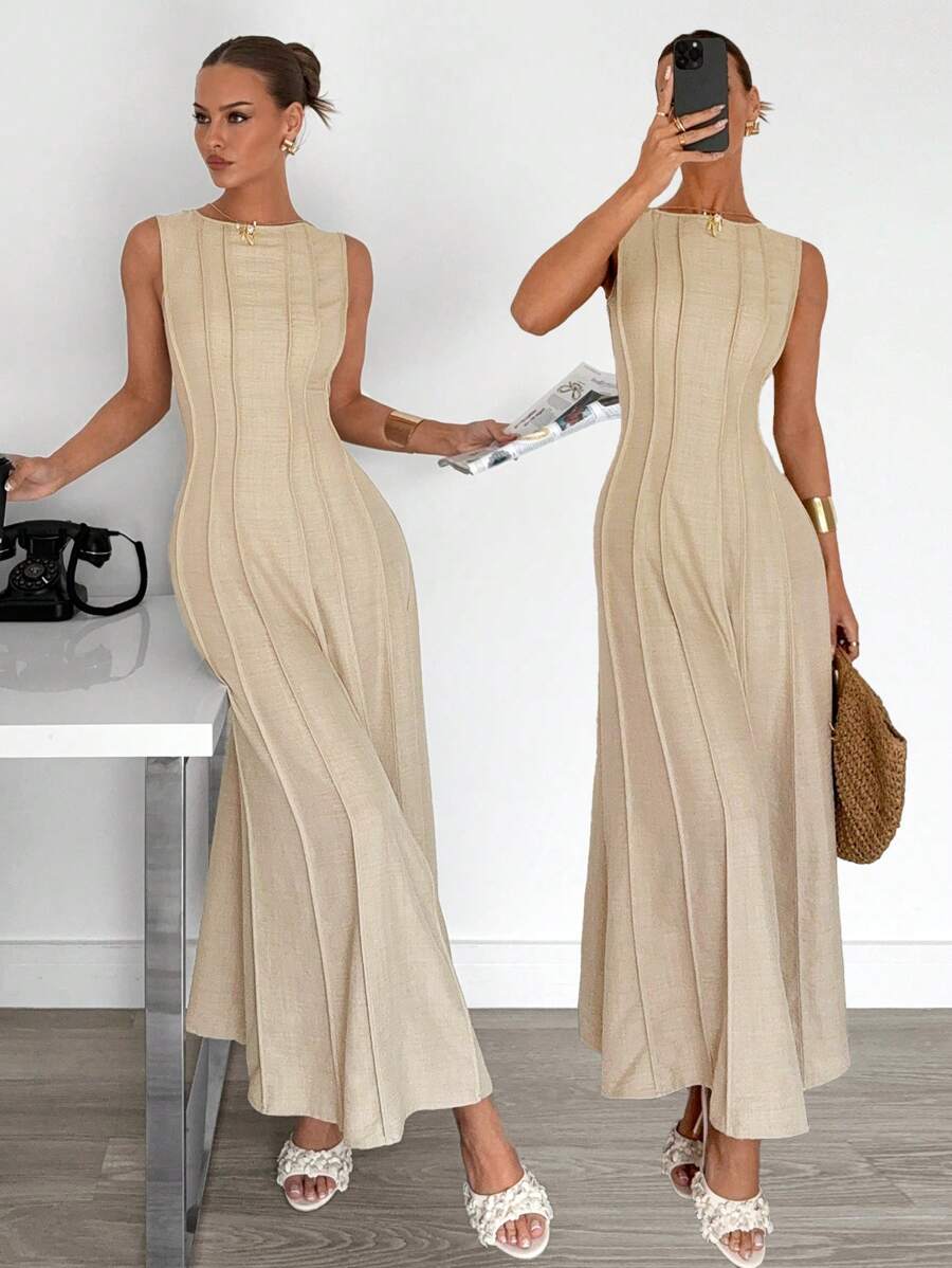 Siren Gaze New  Linen Long Dress For Women, Split Pleated Waist A-Line Dress, Elegant Long Dress, Sun Dresses For Women Holiday Wear, Imitation Linen Flowing Long Dress, Business Casual Women's Wear,Fall Women Clothes Party Summer