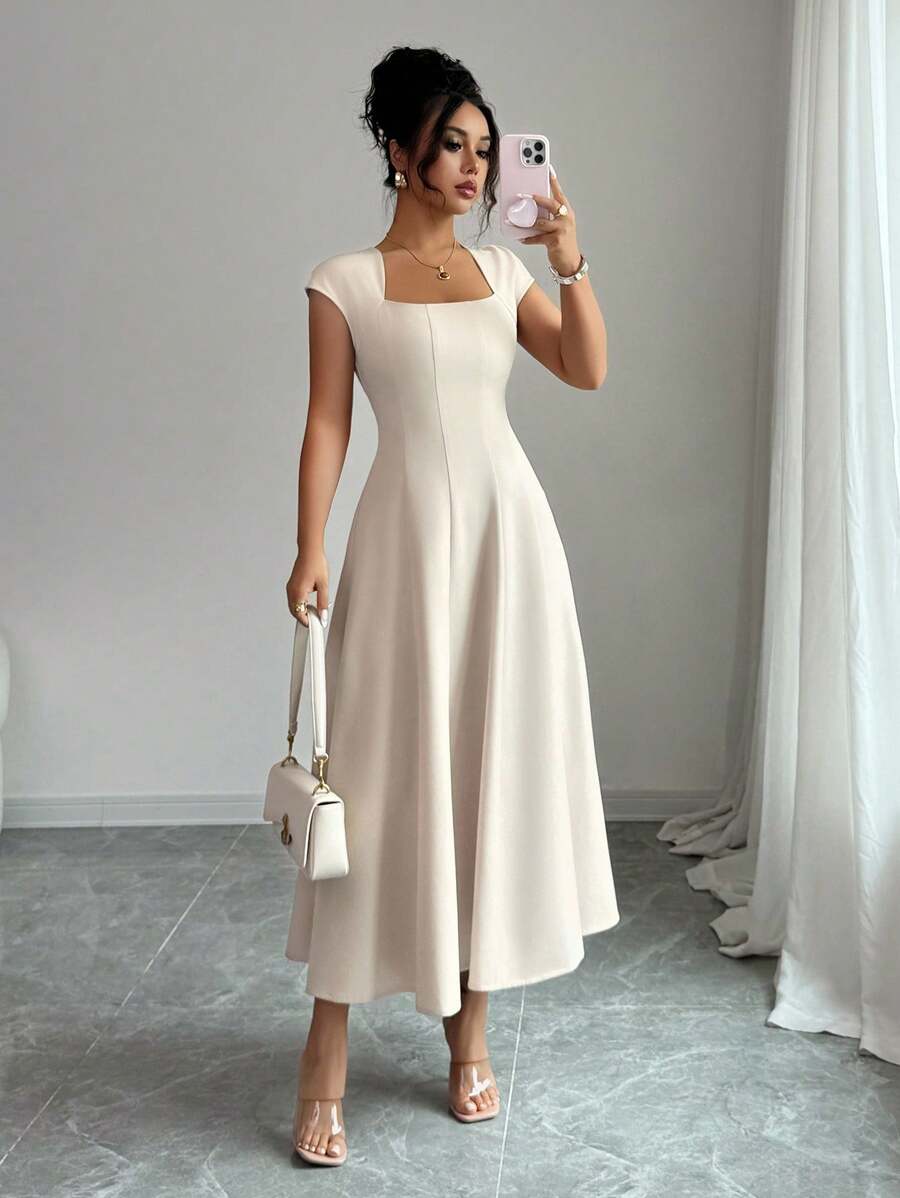 Elenzga Women's Elegant Solid Color Square Neck Waist Tie Splice A-Line Short Sleeve Midi Dress, Suitable For Commuting, Beach, Vacation, Music Festival, Beer Festival In Spring And Summer