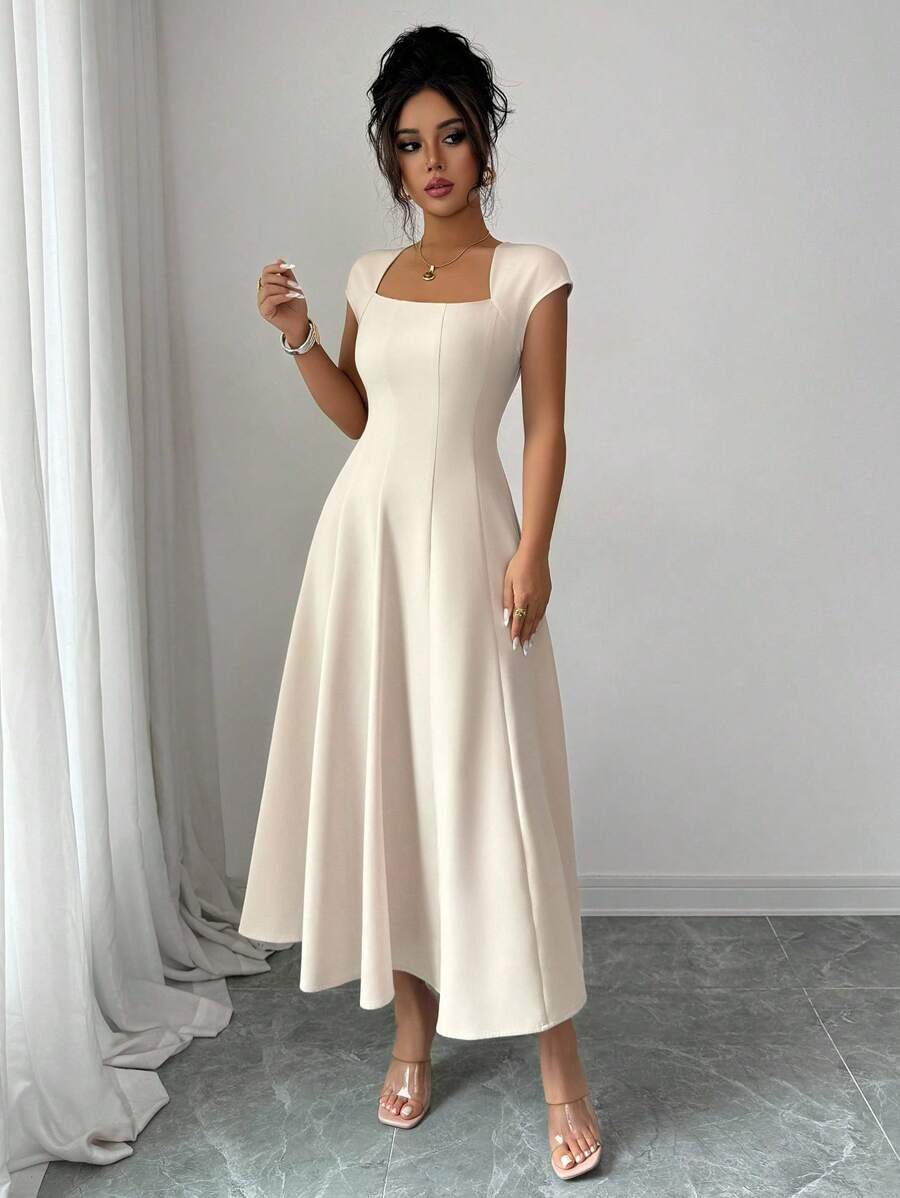 Elenzga Women's Elegant Solid Color Square Neck Waist Tie Splice A-Line Short Sleeve Midi Dress, Suitable For Commuting, Beach, Vacation, Music Festival, Beer Festival In Spring And Summer