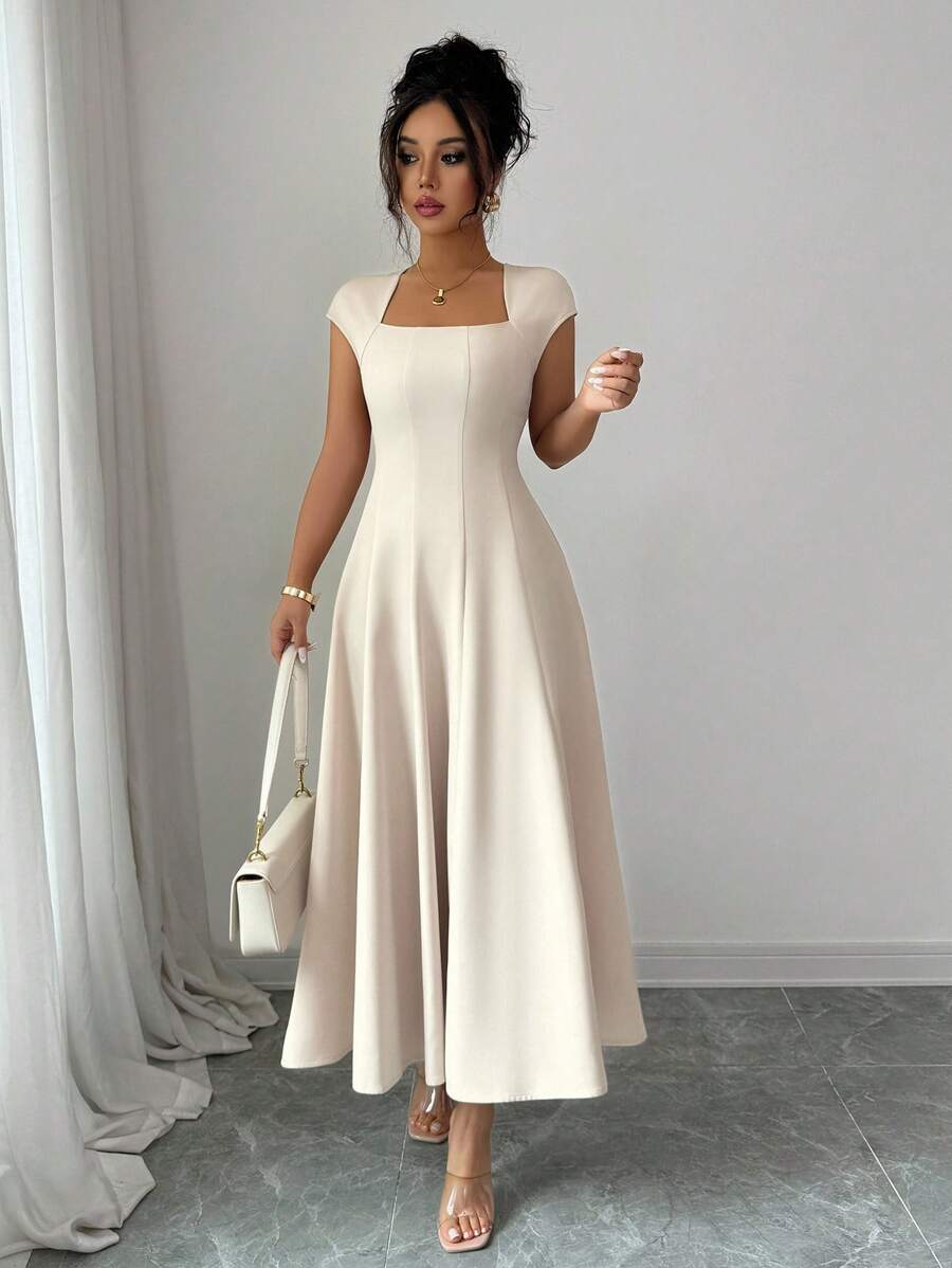 Elenzga Women's Elegant Solid Color Square Neck Waist Tie Splice A-Line Short Sleeve Midi Dress, Suitable For Commuting, Beach, Vacation, Music Festival, Beer Festival In Spring And Summer
