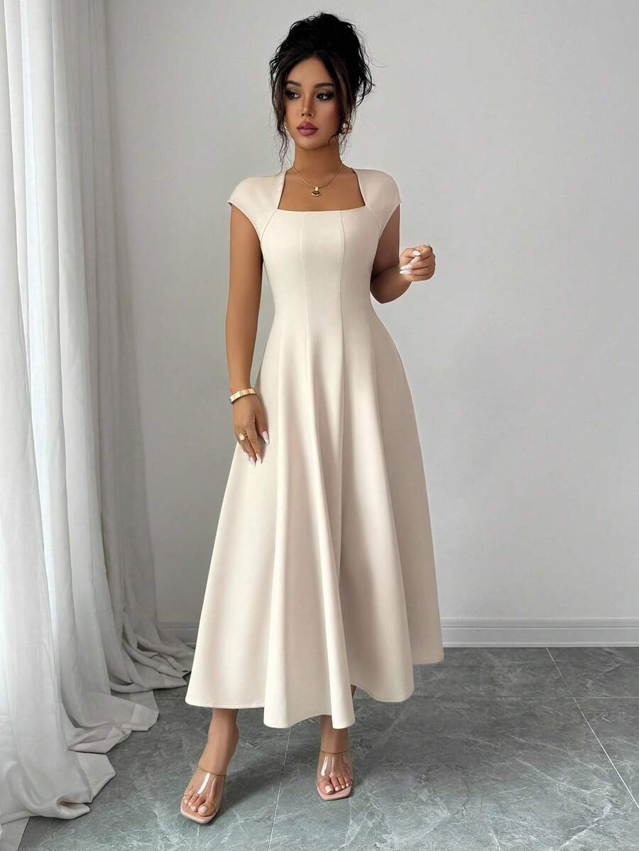 Elenzga Women's Elegant Solid Color Square Neck Waist Tie Splice A-Line Short Sleeve Midi Dress, Suitable For Commuting, Beach, Vacation, Music Festival, Beer Festival In Spring And Summer