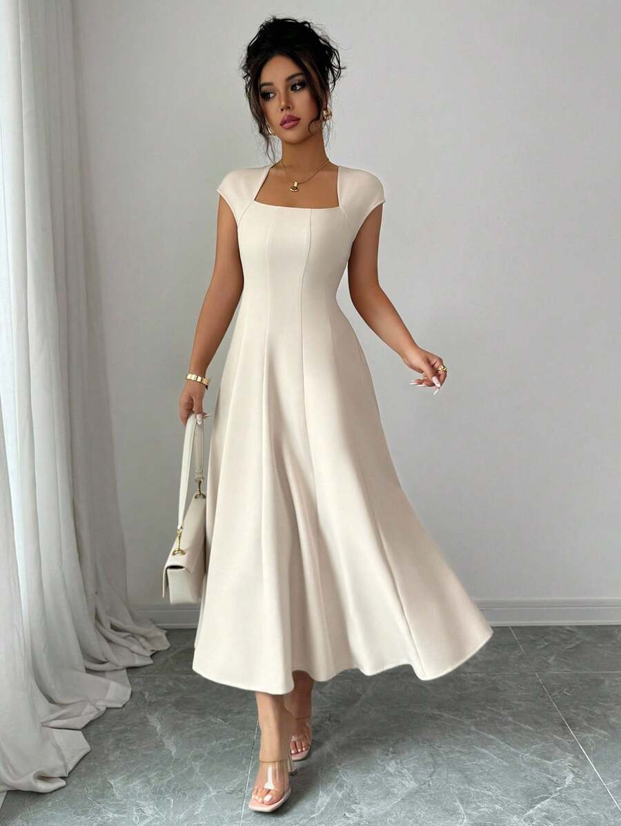 Elenzga Women's Elegant Solid Color Square Neck Waist Tie Splice A-Line Short Sleeve Midi Dress, Suitable For Commuting, Beach, Vacation, Music Festival, Beer Festival In Spring And Summer
