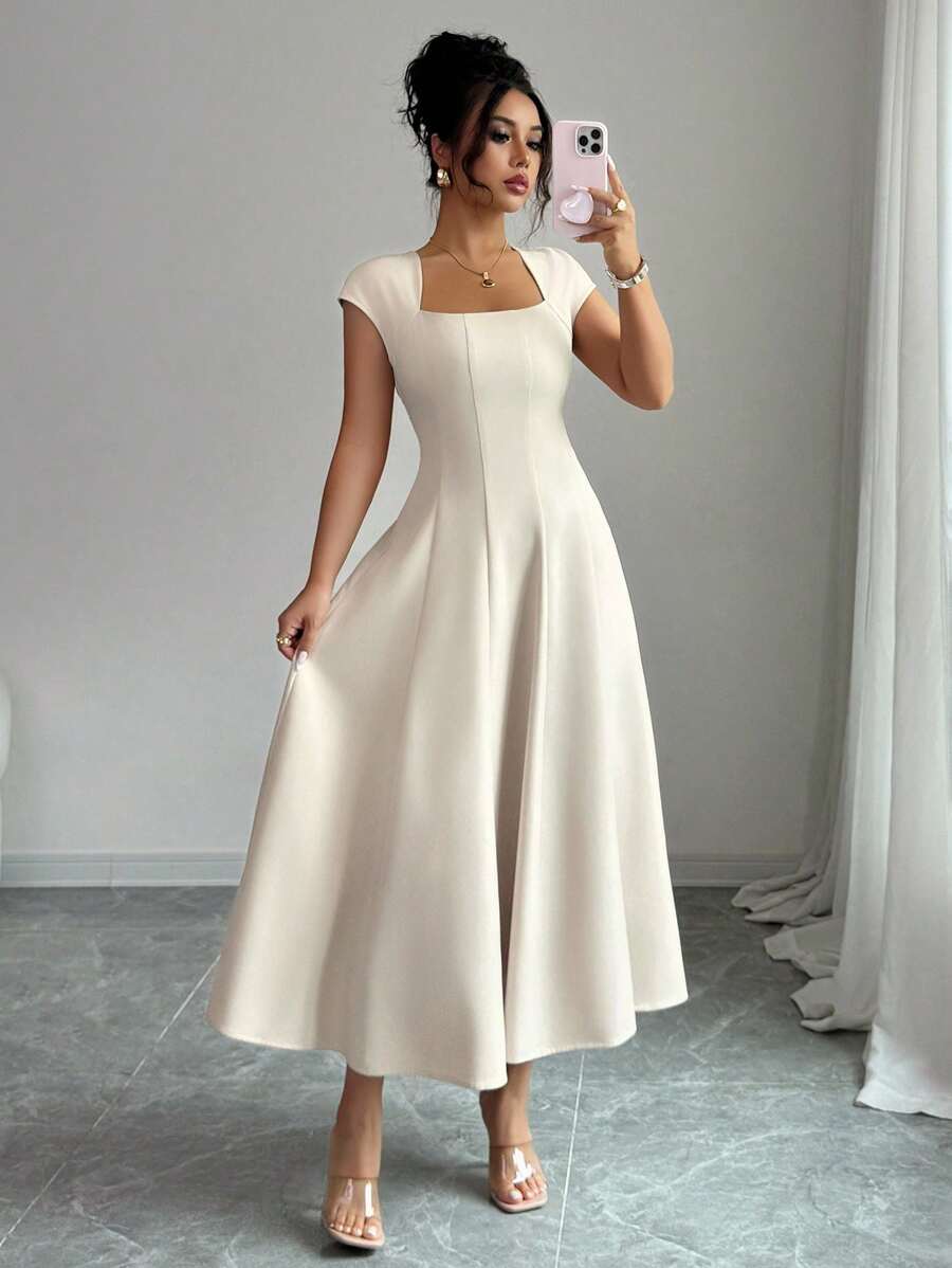 Elenzga Women's Elegant Solid Color Square Neck Waist Tie Splice A-Line Short Sleeve Midi Dress, Suitable For Commuting, Beach, Vacation, Music Festival, Beer Festival In Spring And Summer