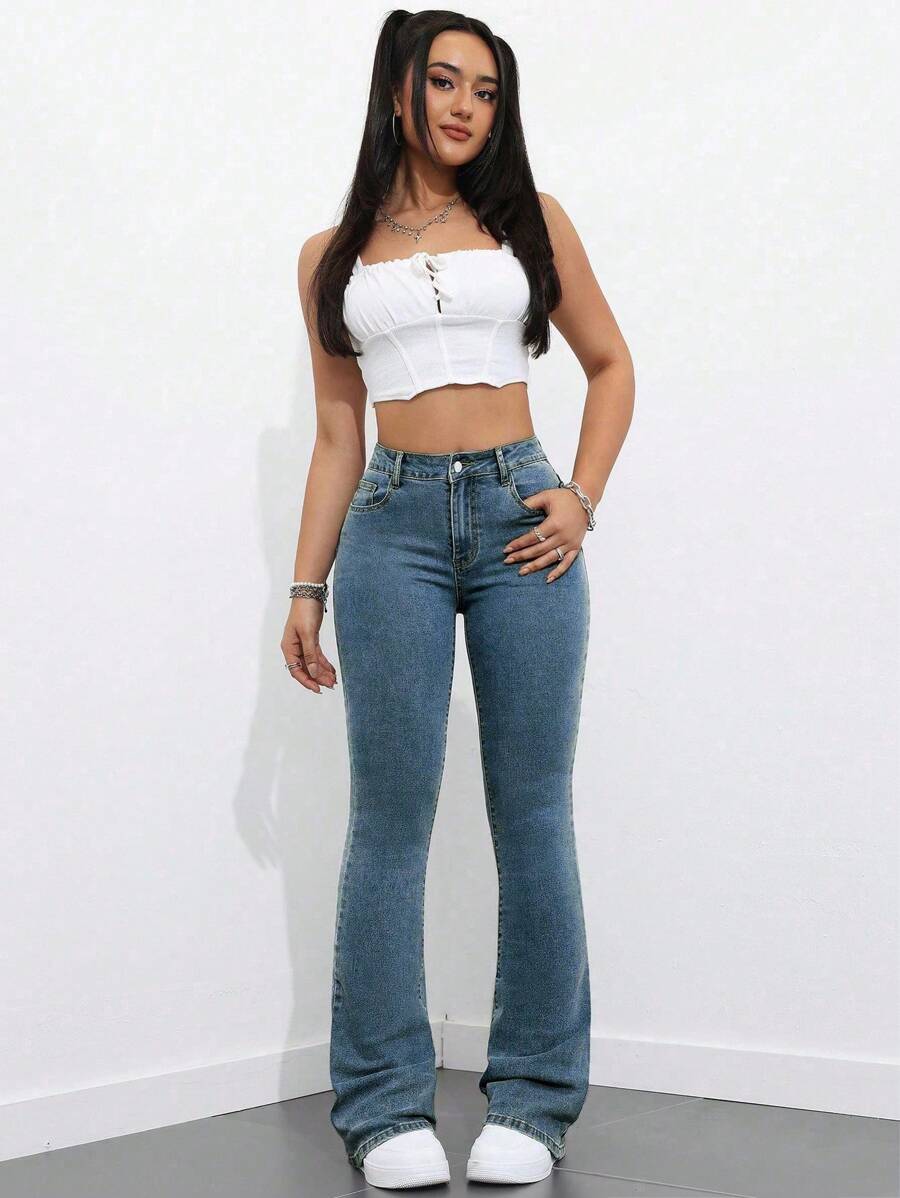 Flexra Women Flared Pocket Casual All-Match Denim Flared Jeans Y2k Bootcut Jeans