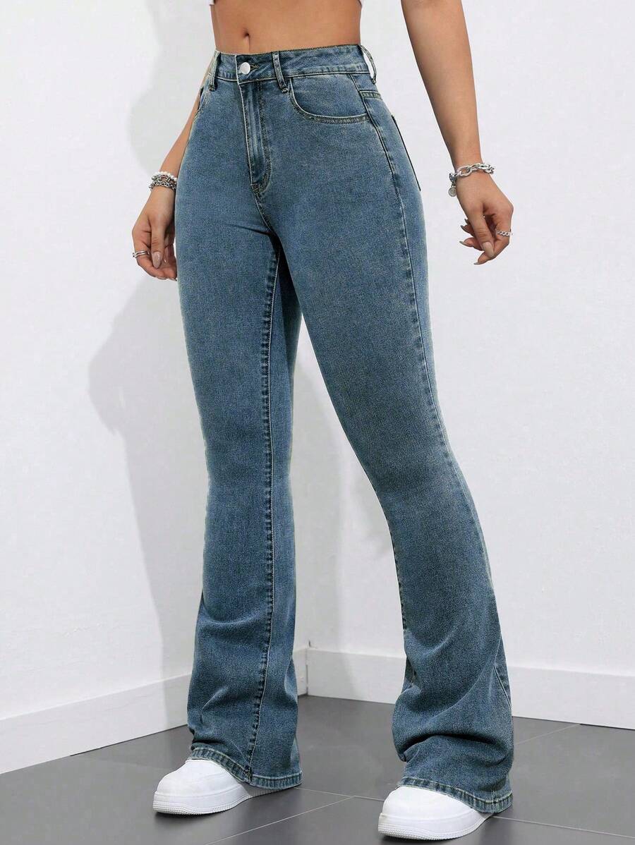 Flexra Women Flared Pocket Casual All-Match Denim Flared Jeans Y2k Bootcut Jeans