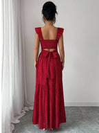 Selianne French Elegant Casual Vacation Square Neck Lotus Leaf Flying Sleeves Polka Dot Print Texture Plaid Woven Chiffon Material Back Tie Pleated Large Skirt Spring And Summer Red Women Dress Summer Summer Women Skirt Long Skirt Vacation Dress Women Polka Dot Dress Elegant Women Dress Women Summer Dress Red Dress Flowing Skirt Summer Dress