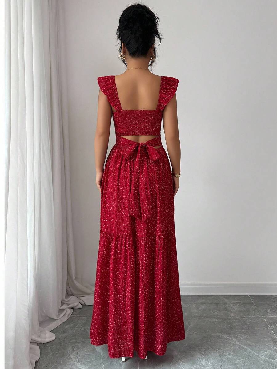 Selianne French Elegant Casual Vacation Square Neck Lotus Leaf Flying Sleeves Polka Dot Print Texture Plaid Woven Chiffon Material Back Tie Pleated Large Skirt Spring And Summer Red Women Dress Summer Summer Women Skirt Long Skirt Vacation Dress Women Polka Dot Dress Elegant Women Dress Women Summer Dress Red Dress Flowing Skirt Summer Dress