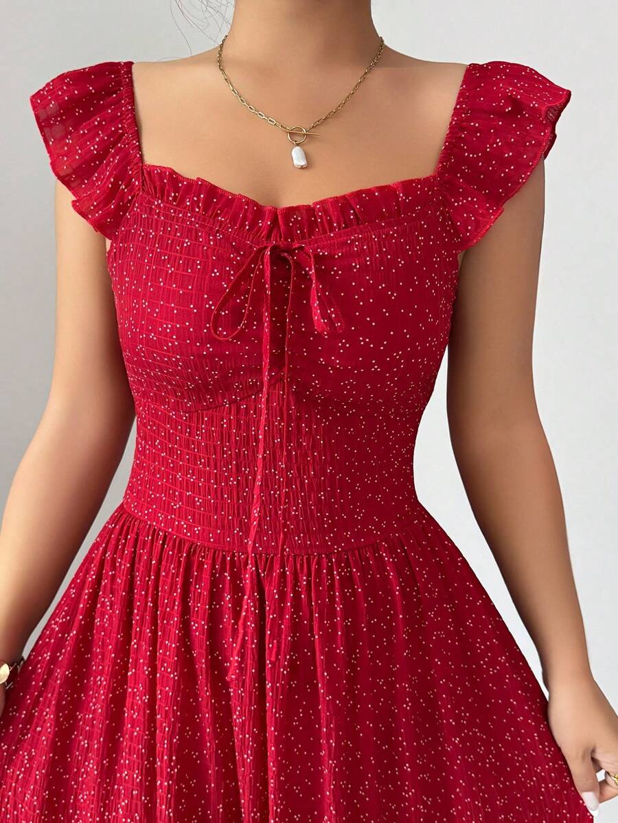 Selianne French Elegant Casual Vacation Square Neck Lotus Leaf Flying Sleeves Polka Dot Print Texture Plaid Woven Chiffon Material Back Tie Pleated Large Skirt Spring And Summer Red Women Dress Summer Summer Women Skirt Long Skirt Vacation Dress Women Polka Dot Dress Elegant Women Dress Women Summer Dress Red Dress Flowing Skirt Summer Dress