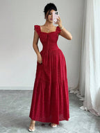 Selianne French Elegant Casual Vacation Square Neck Lotus Leaf Flying Sleeves Polka Dot Print Texture Plaid Woven Chiffon Material Back Tie Pleated Large Skirt Spring And Summer Red Women Dress Summer Summer Women Skirt Long Skirt Vacation Dress Women Polka Dot Dress Elegant Women Dress Women Summer Dress Red Dress Flowing Skirt Summer Dress