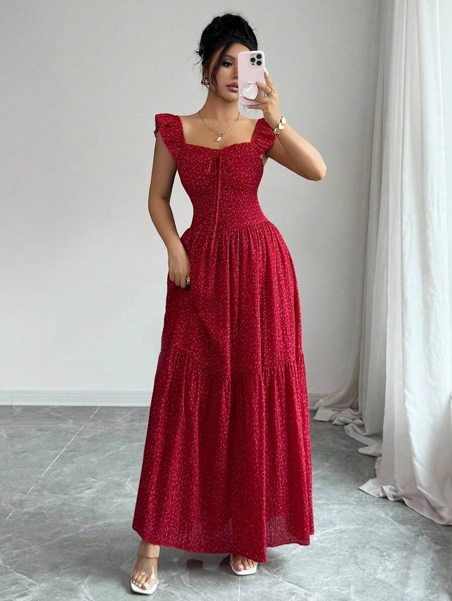 Selianne French Elegant Casual Vacation Square Neck Lotus Leaf Flying Sleeves Polka Dot Print Texture Plaid Woven Chiffon Material Back Tie Pleated Large Skirt Spring And Summer Red Women Dress Summer Summer Women Skirt Long Skirt Vacation Dress Women Polka Dot Dress Elegant Women Dress Women Summer Dress Red Dress Flowing Skirt Summer Dress