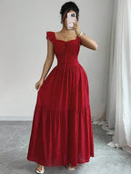 Selianne French Elegant Casual Vacation Square Neck Lotus Leaf Flying Sleeves Polka Dot Print Texture Plaid Woven Chiffon Material Back Tie Pleated Large Skirt Spring And Summer Red Women Dress Summer Summer Women Skirt Long Skirt Vacation Dress Women Polka Dot Dress Elegant Women Dress Women Summer Dress Red Dress Flowing Skirt Summer Dress