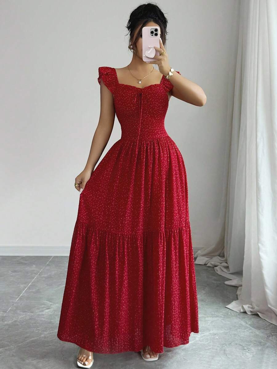 Selianne French Elegant Casual Vacation Square Neck Lotus Leaf Flying Sleeves Polka Dot Print Texture Plaid Woven Chiffon Material Back Tie Pleated Large Skirt Spring And Summer Red Women Dress Summer Summer Women Skirt Long Skirt Vacation Dress Women Polka Dot Dress Elegant Women Dress Women Summer Dress Red Dress Flowing Skirt Summer Dress
