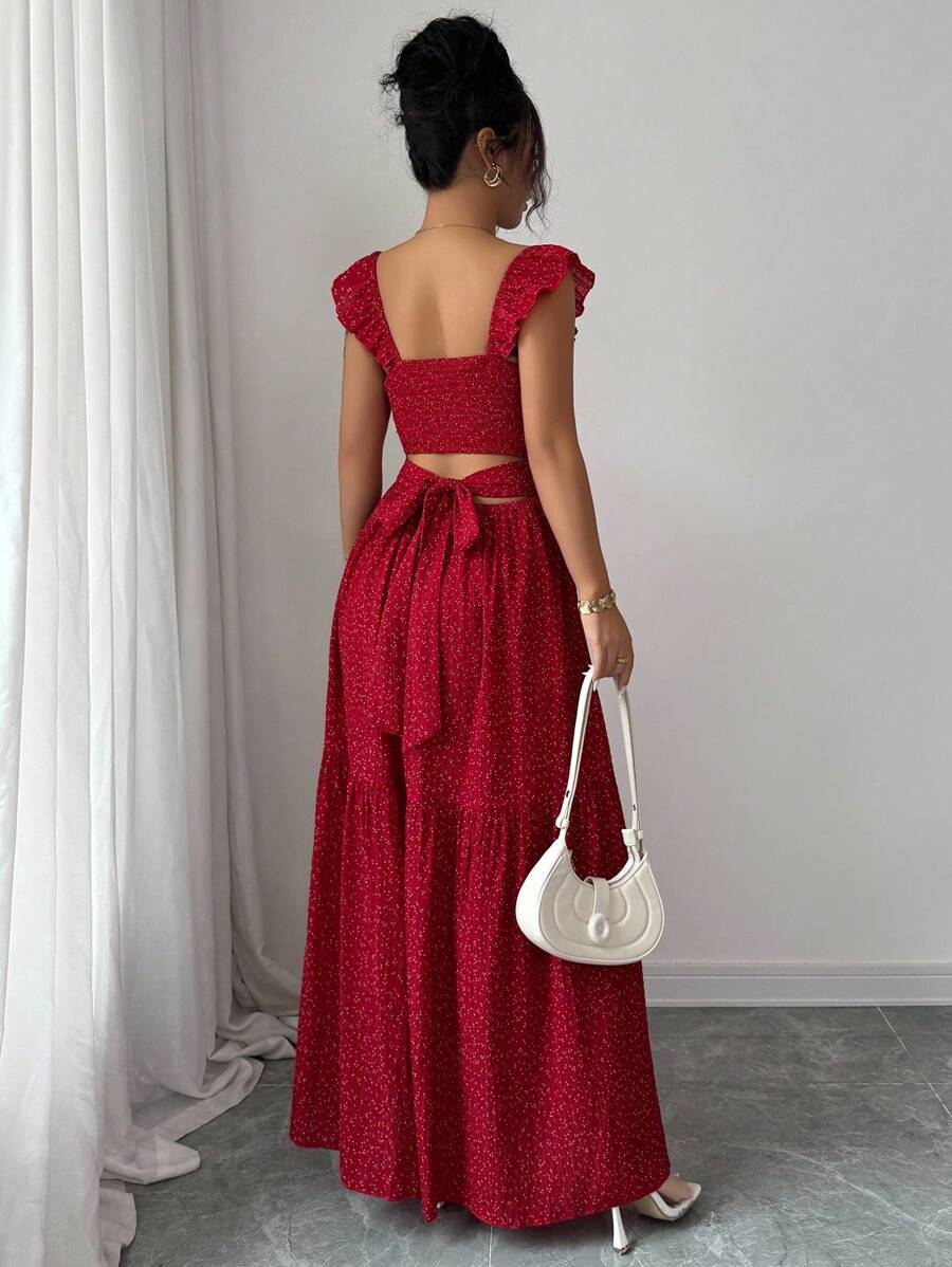 Selianne French Elegant Casual Vacation Square Neck Lotus Leaf Flying Sleeves Polka Dot Print Texture Plaid Woven Chiffon Material Back Tie Pleated Large Skirt Spring And Summer Red Women Dress Summer Summer Women Skirt Long Skirt Vacation Dress Women Polka Dot Dress Elegant Women Dress Women Summer Dress Red Dress Flowing Skirt Summer Dress