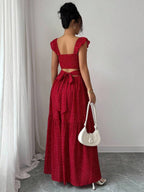 Selianne French Elegant Casual Vacation Square Neck Lotus Leaf Flying Sleeves Polka Dot Print Texture Plaid Woven Chiffon Material Back Tie Pleated Large Skirt Spring And Summer Red Women Dress Summer Summer Women Skirt Long Skirt Vacation Dress Women Polka Dot Dress Elegant Women Dress Women Summer Dress Red Dress Flowing Skirt Summer Dress