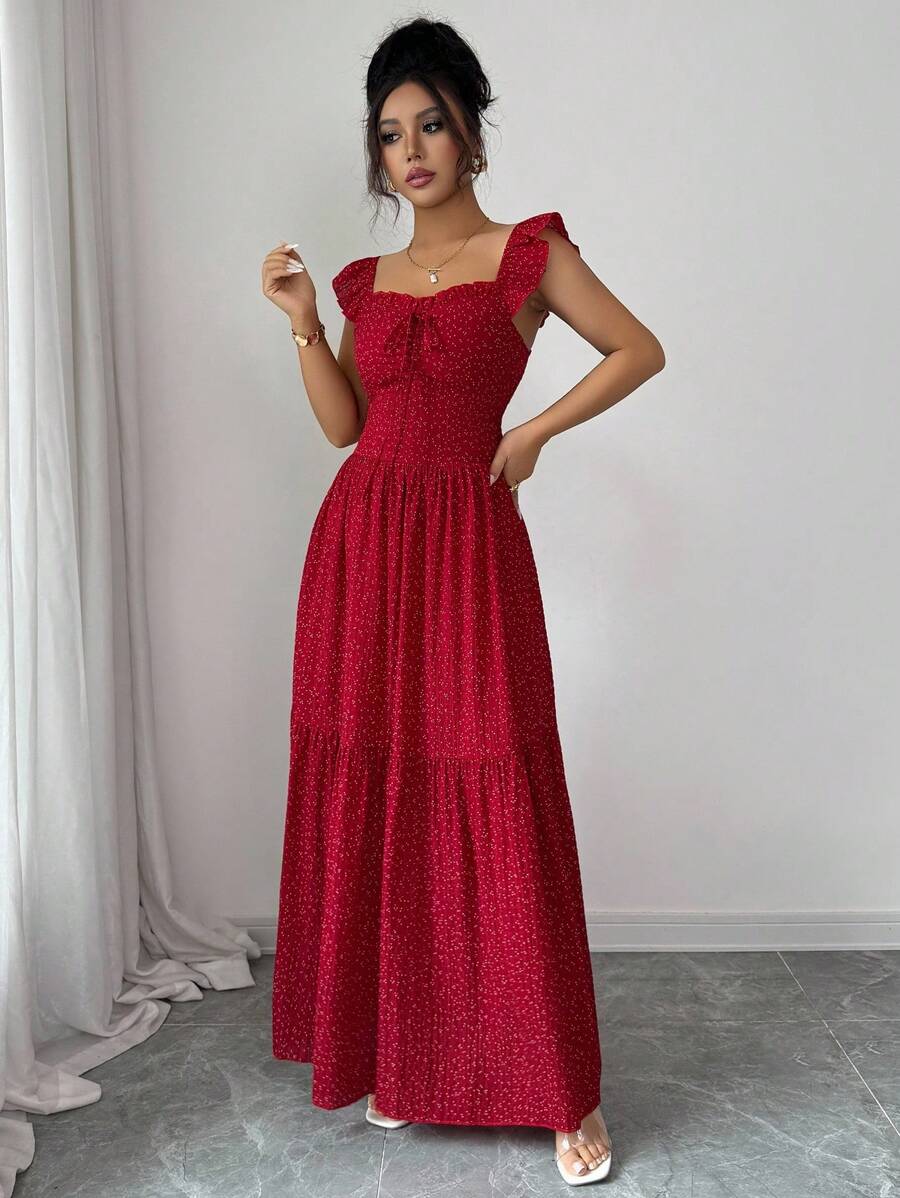 Selianne French Elegant Casual Vacation Square Neck Lotus Leaf Flying Sleeves Polka Dot Print Texture Plaid Woven Chiffon Material Back Tie Pleated Large Skirt Spring And Summer Red Women Dress Summer Summer Women Skirt Long Skirt Vacation Dress Women Polka Dot Dress Elegant Women Dress Women Summer Dress Red Dress Flowing Skirt Summer Dress