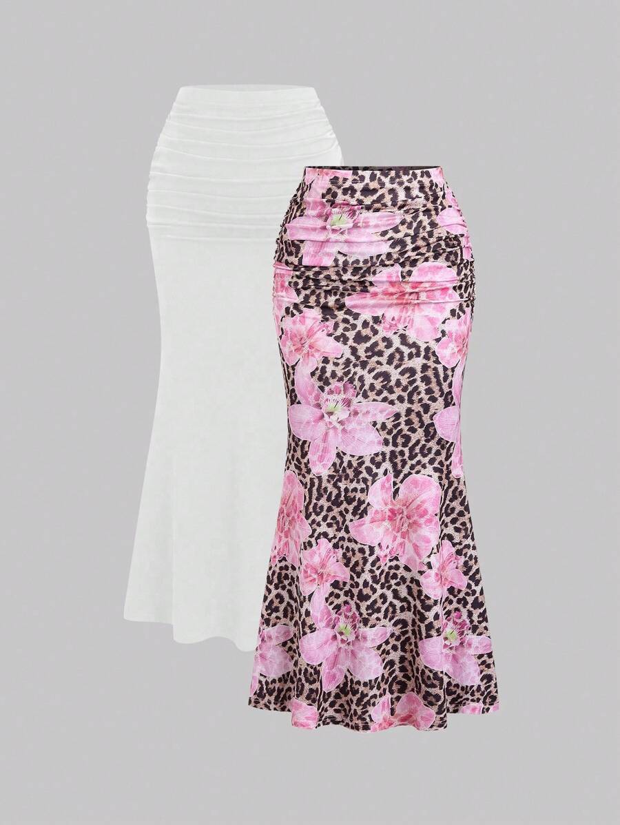 Sweetra 2pcs Women's Elegant Party Solid Color Mermaid Skirt And Floral Print Skirt Set Fall Cloth For Women