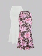 Sweetra 2pcs Women's Elegant Party Solid Color Mermaid Skirt And Floral Print Skirt Set Fall Cloth For Women