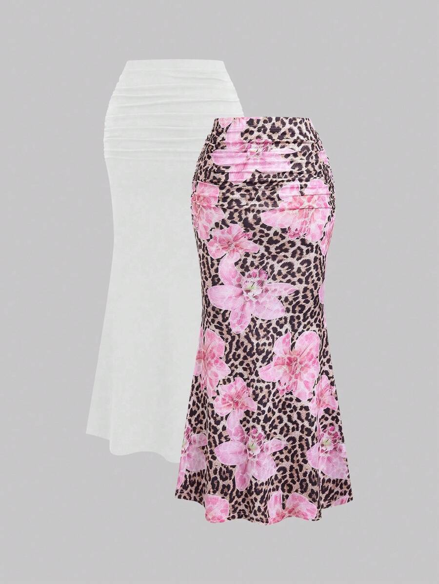 Sweetra 2pcs Women's Elegant Party Solid Color Mermaid Skirt And Floral Print Skirt Set Fall Cloth For Women