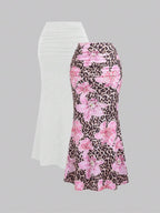 Sweetra 2pcs Women's Elegant Party Solid Color Mermaid Skirt And Floral Print Skirt Set Fall Cloth For Women