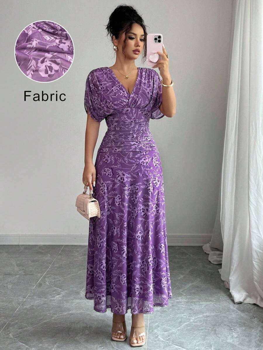 Elenzga Women's Elegant French Style Vacation Loose V-Neck Drop Shoulder Ruched A-Line Maxi Dress, Suitable For Beach, Afternoon Tea, Party