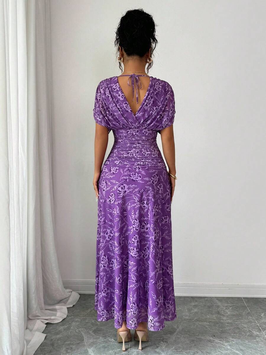 Elenzga Women's Elegant French Style Vacation Loose V-Neck Drop Shoulder Ruched A-Line Maxi Dress, Suitable For Beach, Afternoon Tea, Party